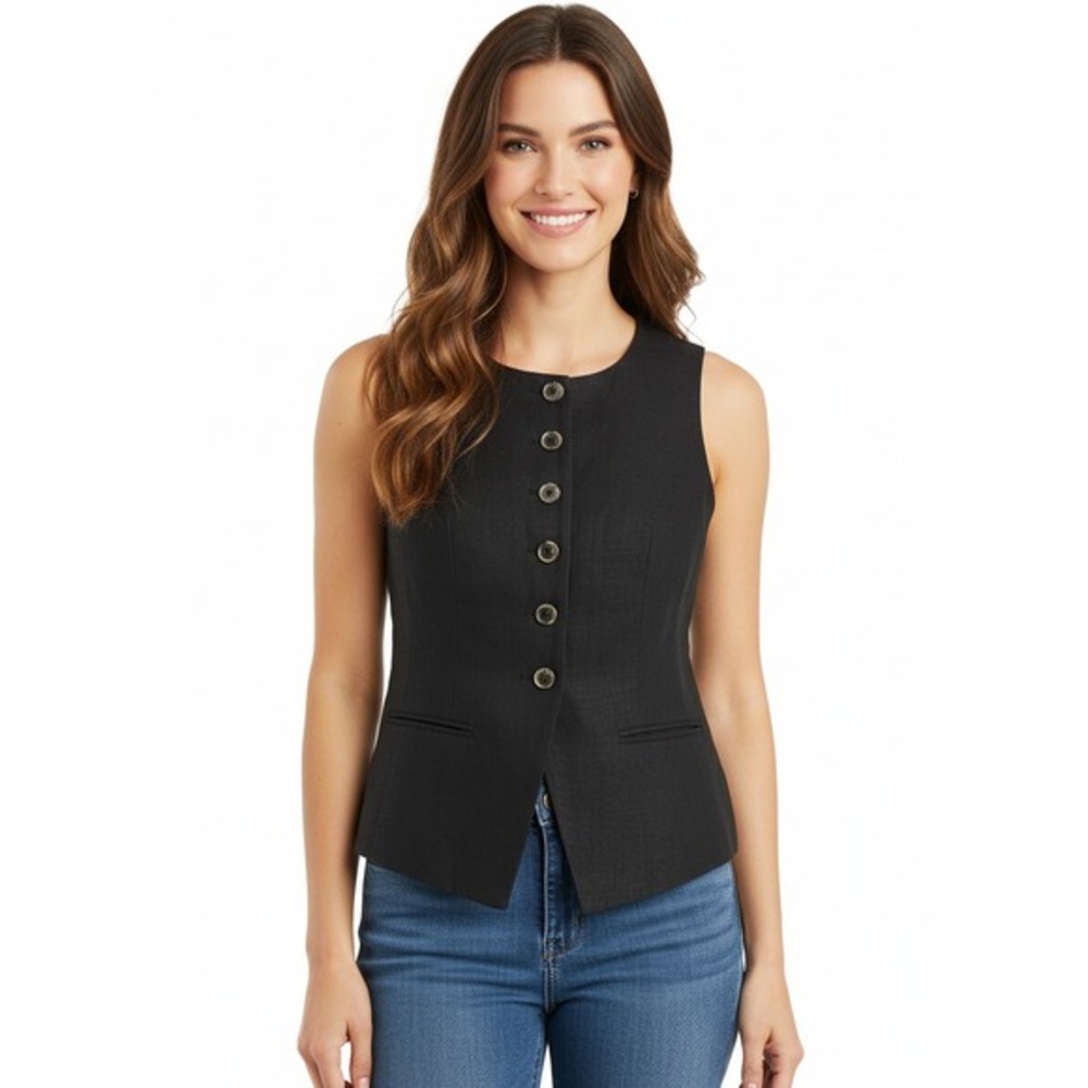 J Crew Top Womens 2 Black Linen Blend Vest‎ Sleeveless Button Up Classic CI309